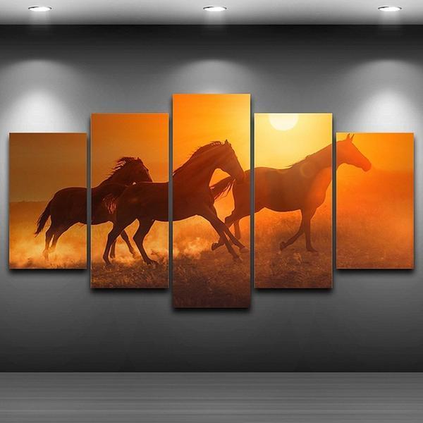 Galloping 3 Horses Sunset - Animal 5 Panel Canvas Art Wall Decor Galloping 3 Horses Sunset - Animal 5 Panel Canvas Art Wall Decor