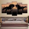 Galloping Black Horses Silhouette Sunset Modern - Animal 5 Panel Canvas Art Wall Decor