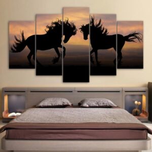 Galloping Black Horses Silhouette Sunset Modern - Animal 5 Panel Canvas Art Wall Decor