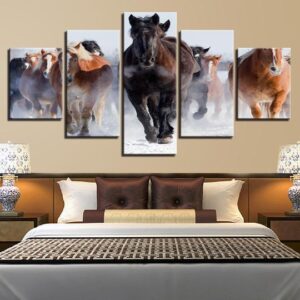 Galloping Horses In The Snow - Animal 5 Panel Canvas Art Wall Decor