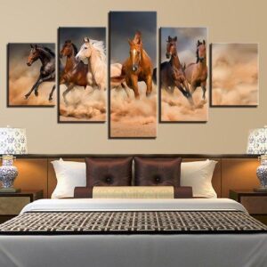 Galloping Horses Running Steed Race - Animal 5 Panel Canvas Art Wall Decor