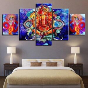 Ganesha Radha Krishna - Religion 5 Panel Canvas Art Wall Decor