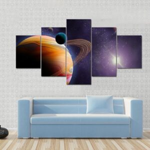 Gasy Planet With Its Moons And Star - Space 5 Panel Canvas Art Wall Decor