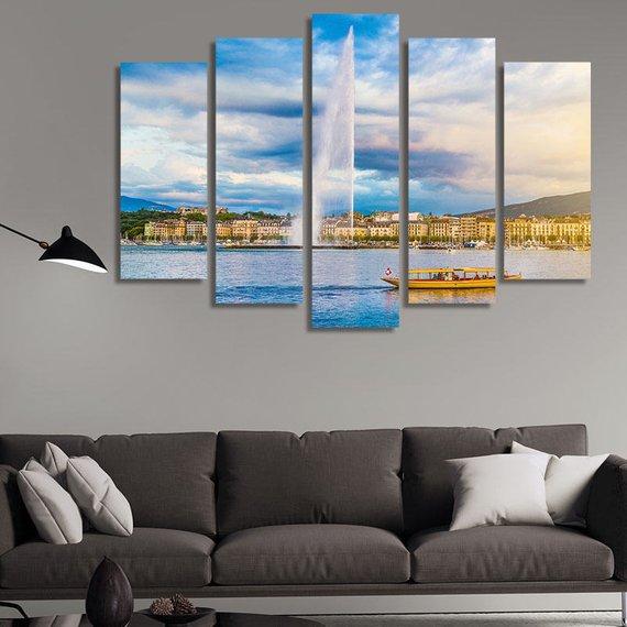 Geneva Skyline With Jet Deau Fountain - Nature 5 Panel Canvas Art Wall Decor Geneva Skyline With Jet Deau Fountain - Nature 5 Panel Canvas Art Wall Decor
