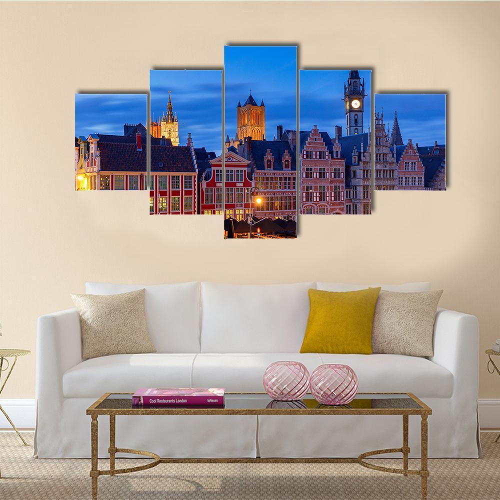Gent City Embankment At Sunset - Nature 5 Panel Canvas Art Wall Decor Gent City Embankment At Sunset - Nature 5 Panel Canvas Art Wall Decor