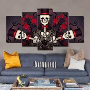 Gentleman Skull Roses - Abstract 5 Panel Canvas Art Wall Decor
