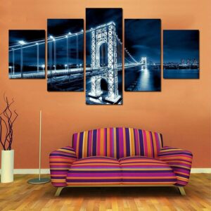 George Washington Bridge At Night - Nature 5 Panel Canvas Art Wall Decor