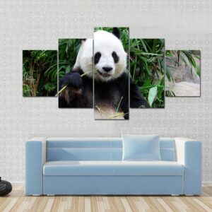 Giant Panda Bear Eating Bamboo - Animal 5 Panel Canvas Art Wall Decor