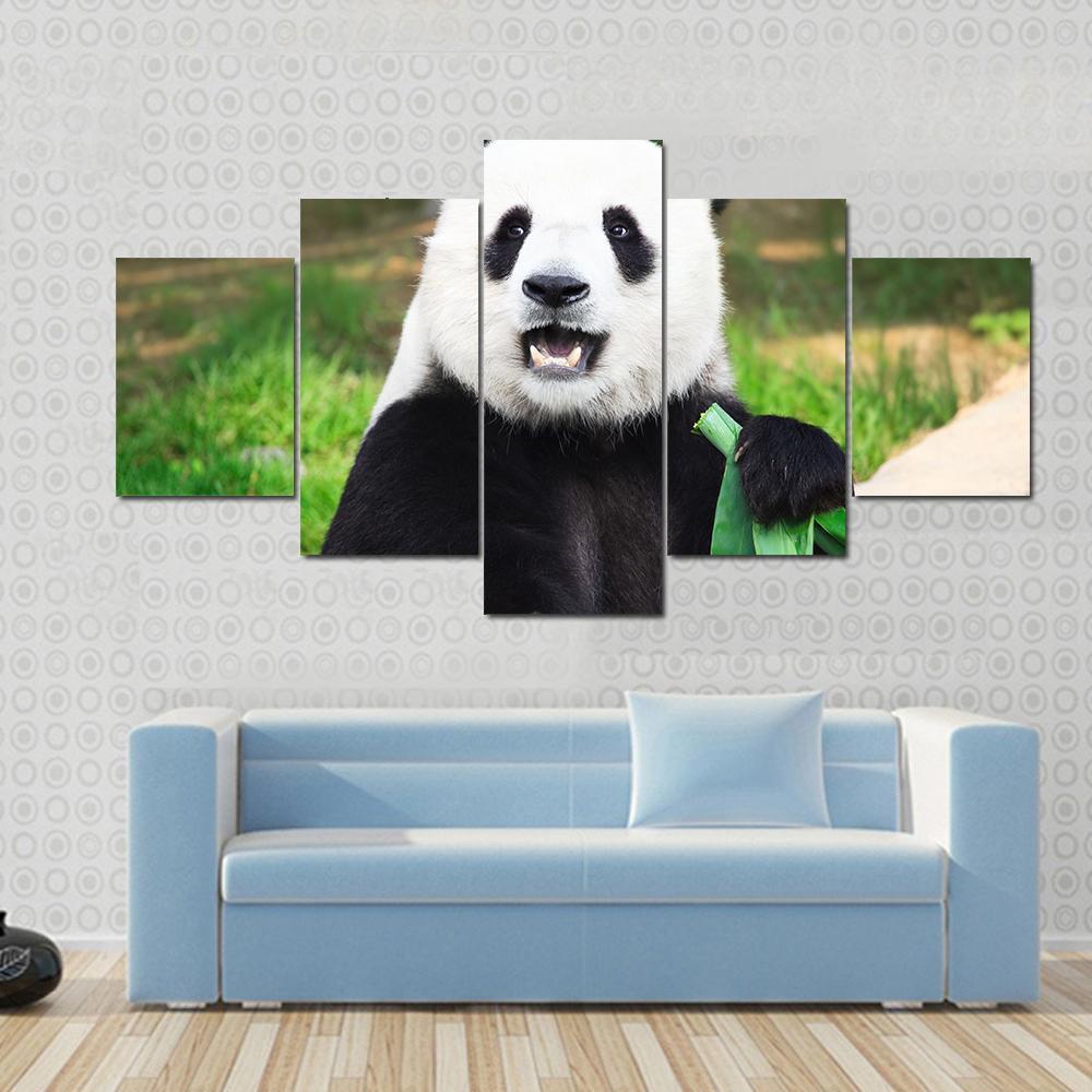 Giant Panda Eating Green Bamboo Leaf - Animal 5 Panel Canvas Art Wall Decor Giant Panda Eating Green Bamboo Leaf - Animal 5 Panel Canvas Art Wall Decor