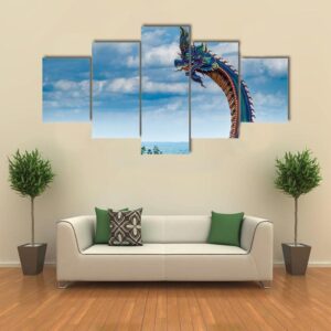 Giant Thai Naga Statue In The Phu Manorom Temple - Abstract Animal 5 Panel Canvas Art Wall Decor
