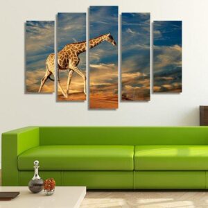 Giraffe On A Sand Dune 01 - Animal 5 Panel Canvas Art Wall Decor