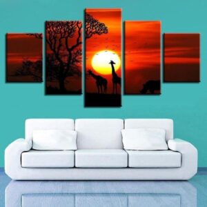 Giraffe Tree Sunset Scenery - Animal 5 Panel Canvas Art Wall Decor