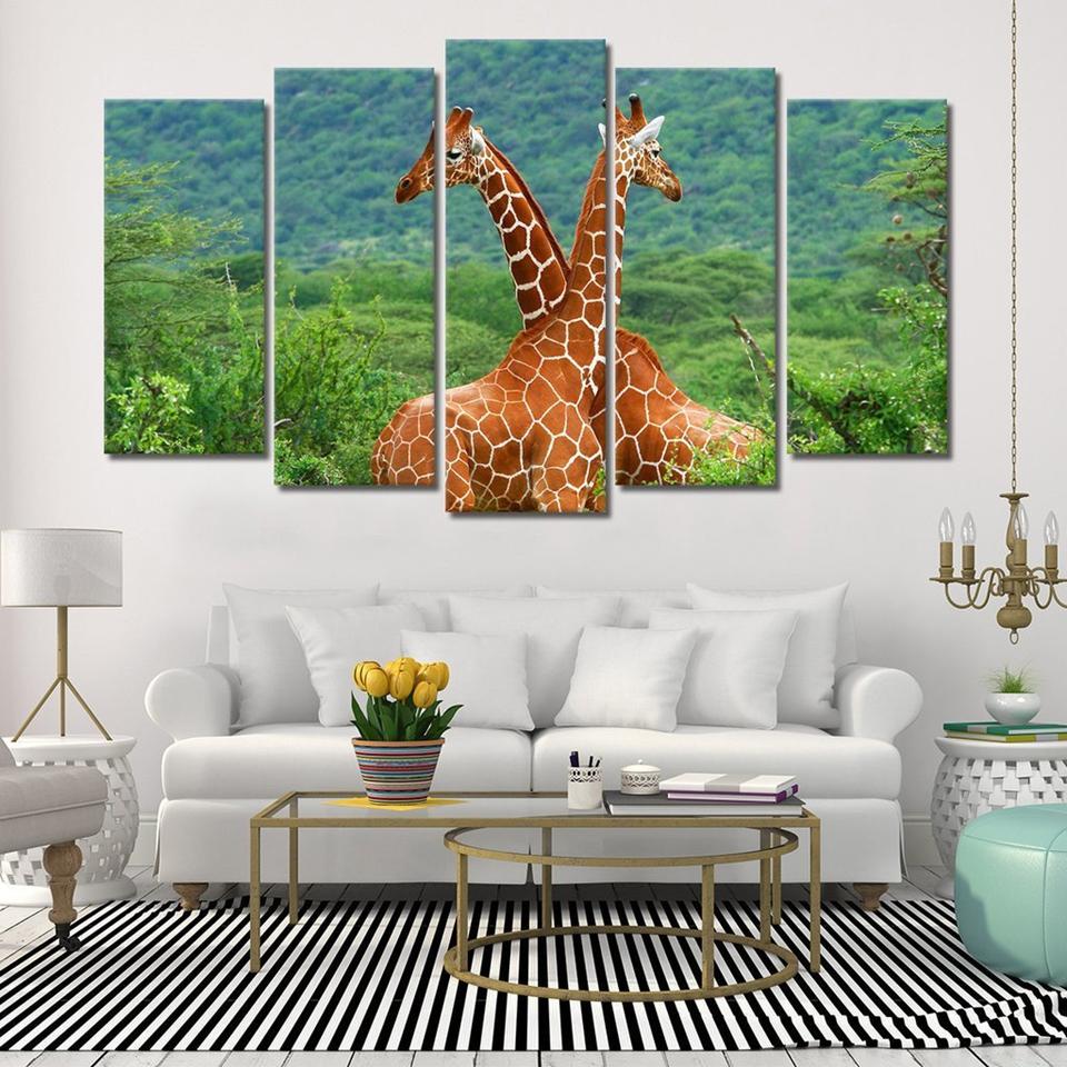 Giraffes Green Tree - Animal 5 Panel Canvas Art Wall Decor Giraffes Green Tree - Animal 5 Panel Canvas Art Wall Decor