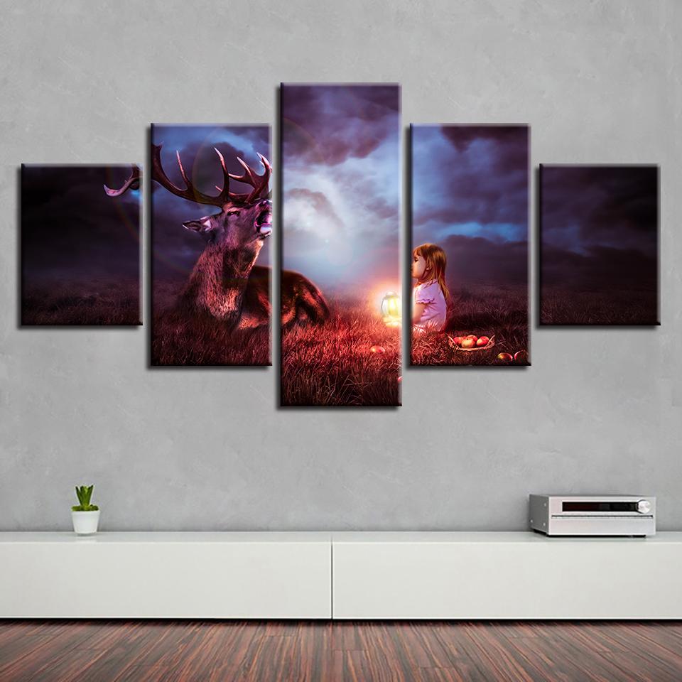 Girl Animal Deer - Abstract Animal 5 Panel Canvas Art Wall Decor Girl Animal Deer - Abstract Animal 5 Panel Canvas Art Wall Decor