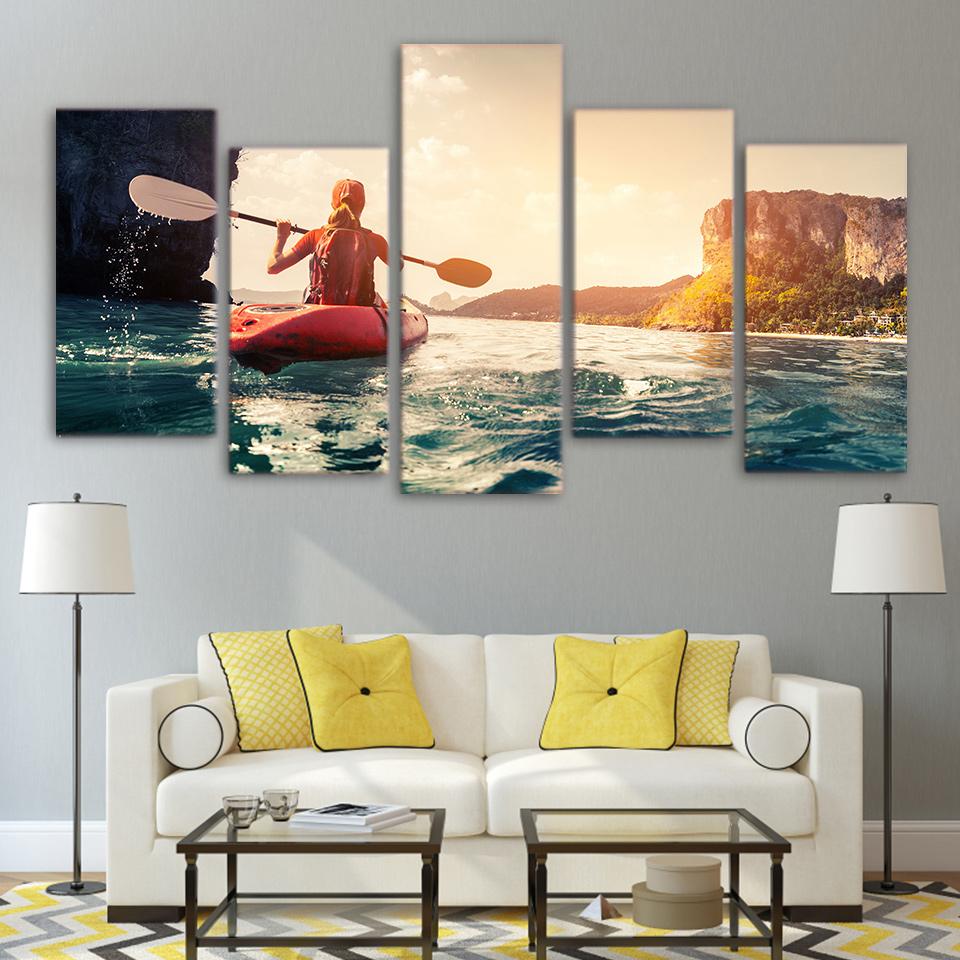 Girl Sailing Kayak - Sport 5 Panel Canvas Art Wall Decor Girl Sailing Kayak - Sport 5 Panel Canvas Art Wall Decor