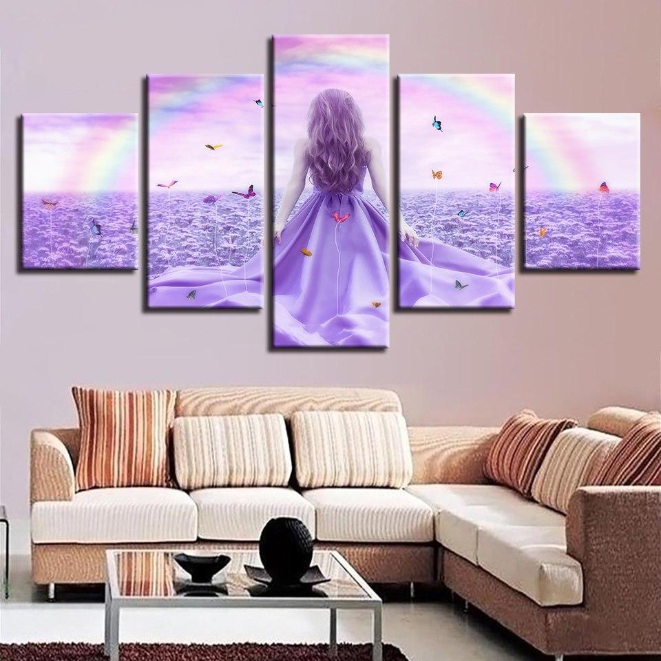 Girl Stood In The Purple Flower Sea - Abstract 5 Panel Canvas Art Wall Decor Girl Stood In The Purple Flower Sea - Abstract 5 Panel Canvas Art Wall Decor