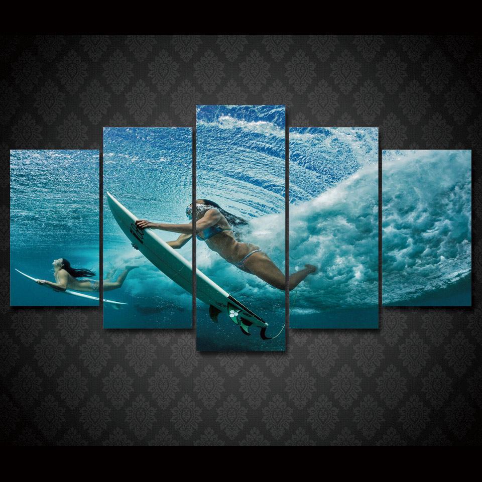 Girl Surfing - Sport 5 Panel Canvas Art Wall Decor Girl Surfing - Sport 5 Panel Canvas Art Wall Decor