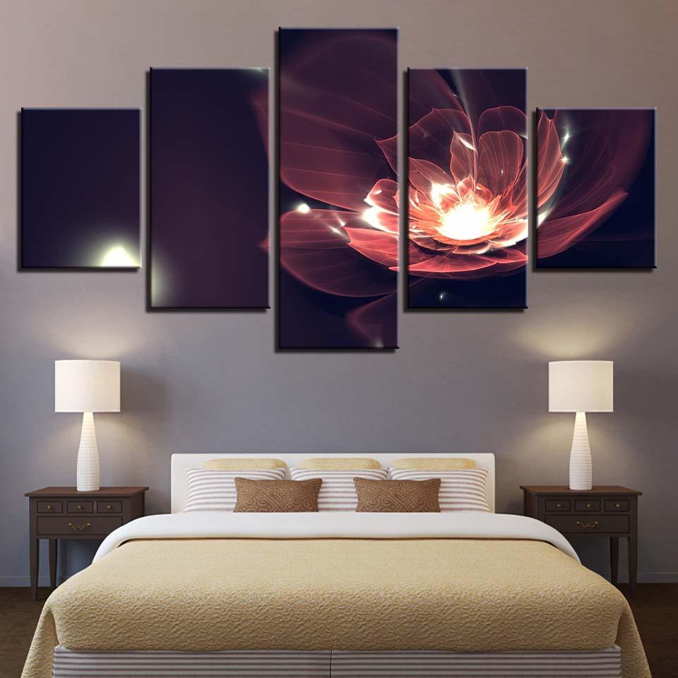 Glowing Red Flowers - Abstract 5 Panel Canvas Art Wall Decor Glowing Red Flowers - Abstract 5 Panel Canvas Art Wall Decor