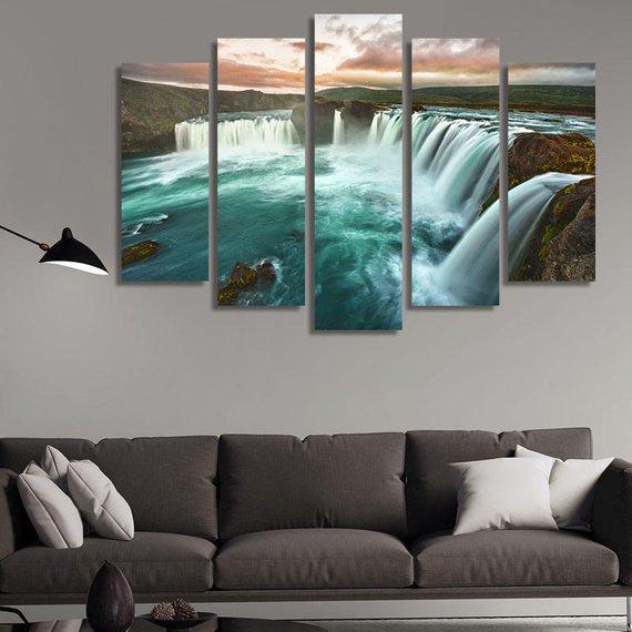 Godafoss Waterfall Iceland - Nature 5 Panel Canvas Art Wall Decor Godafoss Waterfall Iceland - Nature 5 Panel Canvas Art Wall Decor
