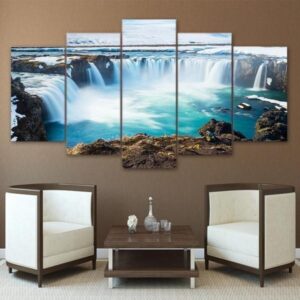 Godafoss Waterfall - Nature 5 Panel Canvas Art Wall Decor