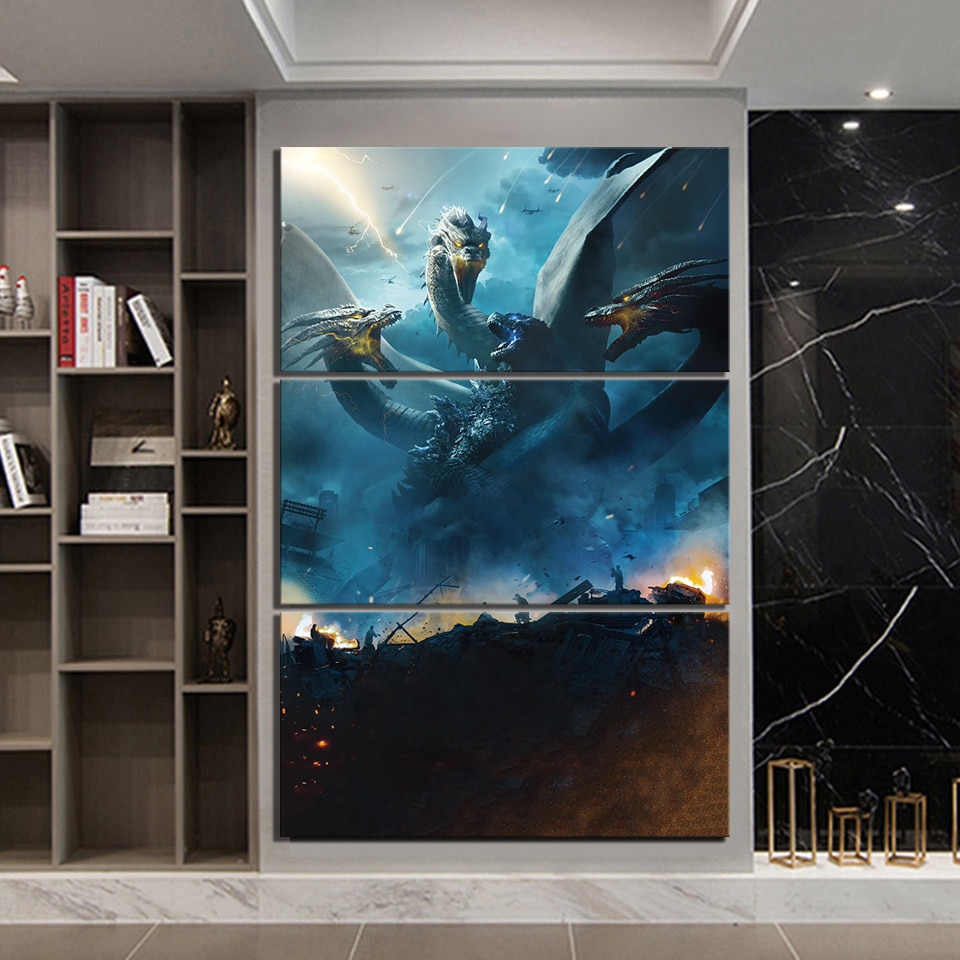 Godzilla King Of The Monsters Ghidorah Monster Science Fiction Movie 3 Pieces - 3 Panel Canvas Art Wall Decor Godzilla King Of The Monsters Ghidorah Monster Science Fiction Movie 3 Pieces - 3 Panel Canvas Art Wall Decor