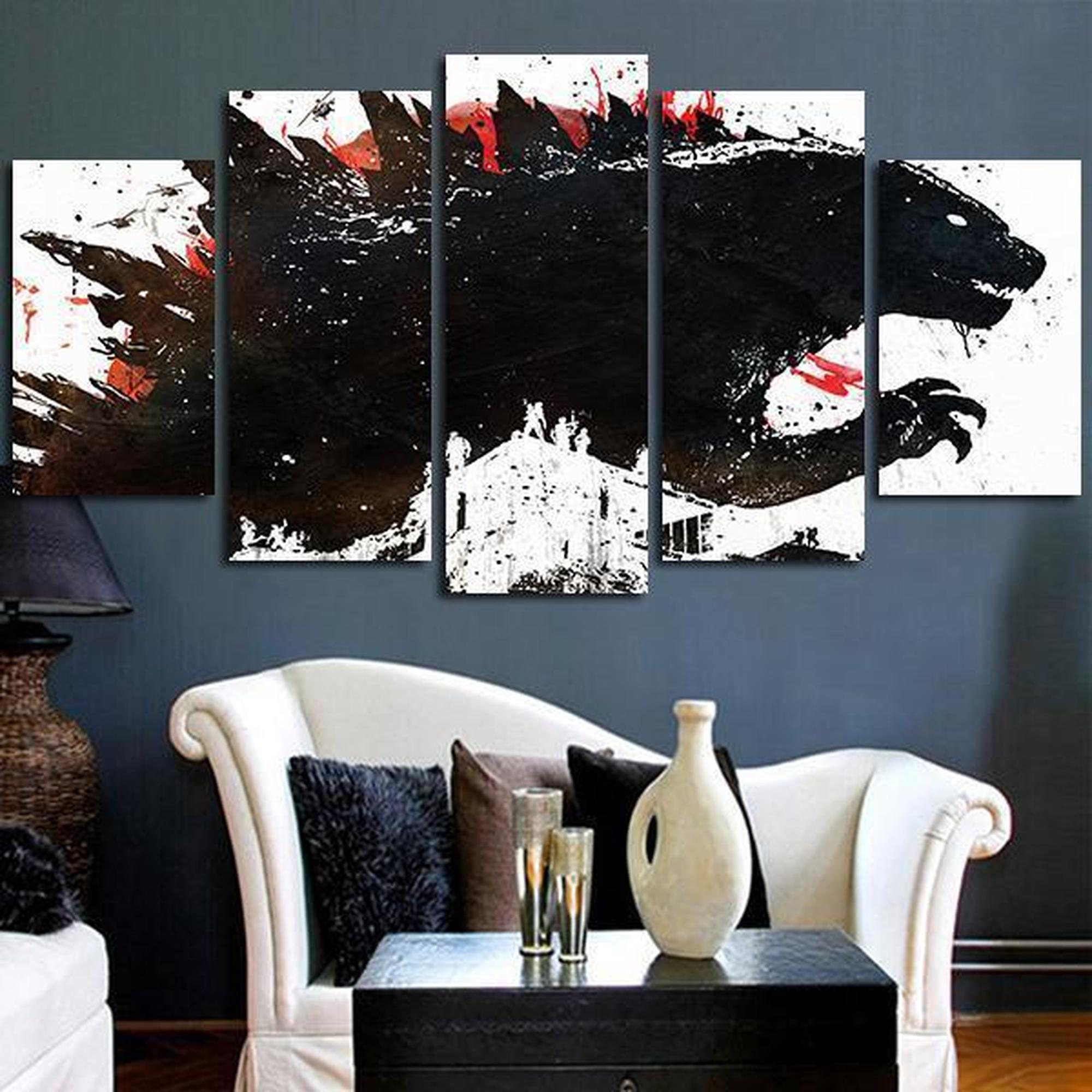 Godzilla Painted Black Ink Movie - 5 Panel Canvas Art Wall Decor Godzilla Painted Black Ink Movie - 5 Panel Canvas Art Wall Decor