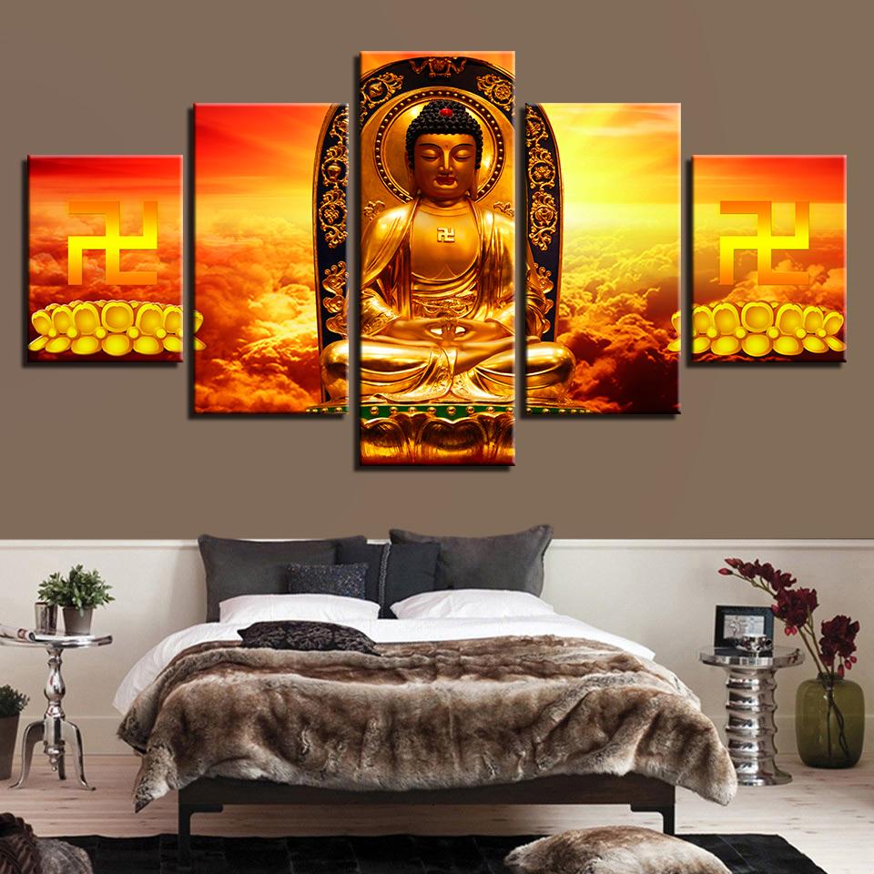 Gold Buddha Meditation Sunshine - Religion 5 Panel Canvas Art Wall Decor Gold Buddha Meditation Sunshine - Religion 5 Panel Canvas Art Wall Decor