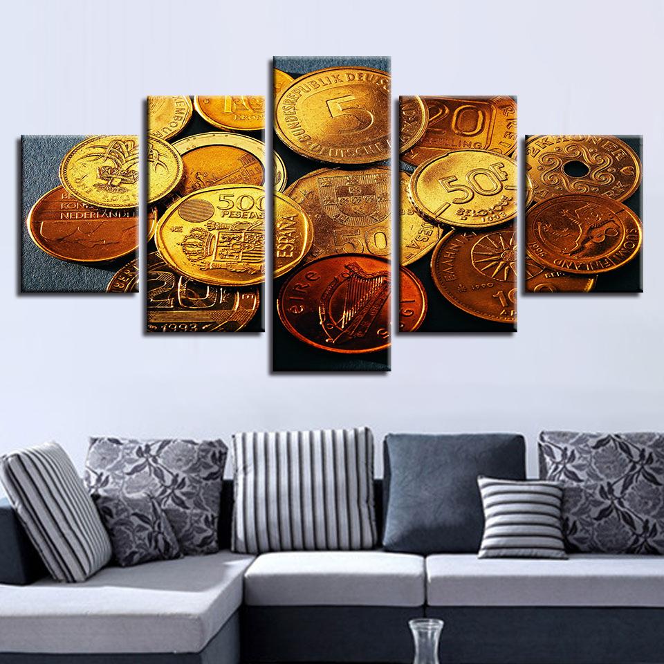 Gold Coin - Abstract 5 Panel Canvas Art Wall Decor Gold Coin - Abstract 5 Panel Canvas Art Wall Decor