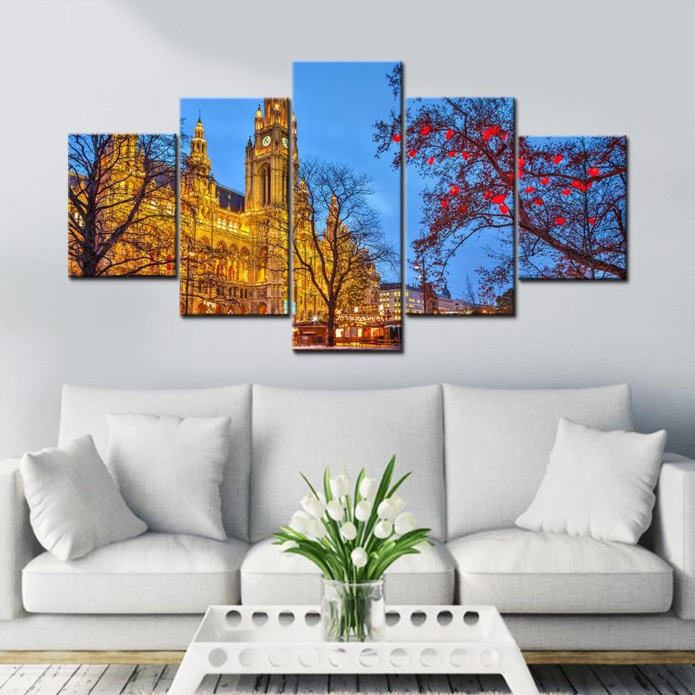 Gold Color Building And Tree - Nature 5 Panel Canvas Art Wall Decor Gold Color Building And Tree - Nature 5 Panel Canvas Art Wall Decor
