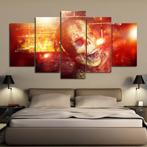 Gold Skull Scary In Sparks - Abstract 5 Panel Canvas Art Wall Decor Gold Skull Scary In Sparks - Abstract 5 Panel Canvas Art Wall Decor