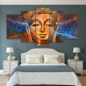 Golden Buddha statue 01 - Religion 5 Panel Canvas Art Wall Decor
