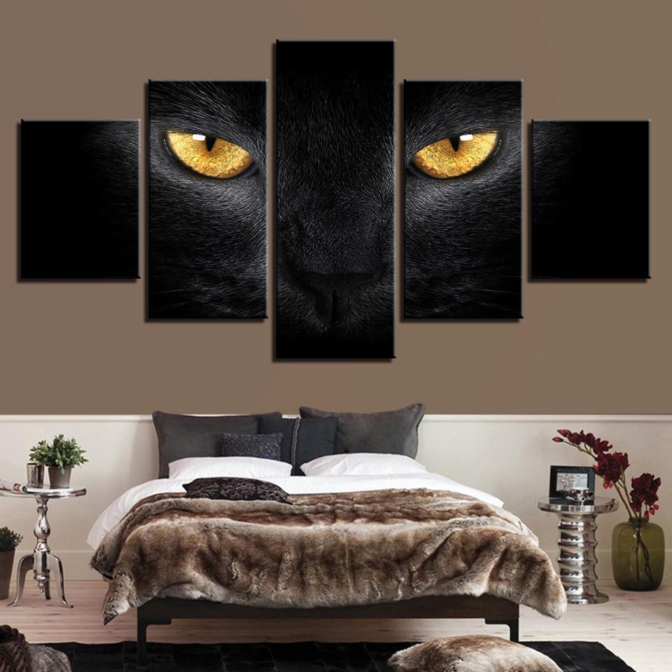Golden Eyblack Cat - Abstract Animal 5 Panel Canvas Art Wall Decor Golden Eyblack Cat - Abstract Animal 5 Panel Canvas Art Wall Decor