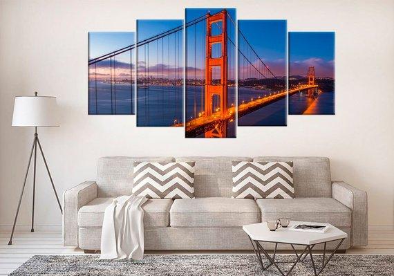 Golden Gate Bridge In San Francisco City - Nature 5 Panel Canvas Art Wall Decor Golden Gate Bridge In San Francisco City - Nature 5 Panel Canvas Art Wall Decor