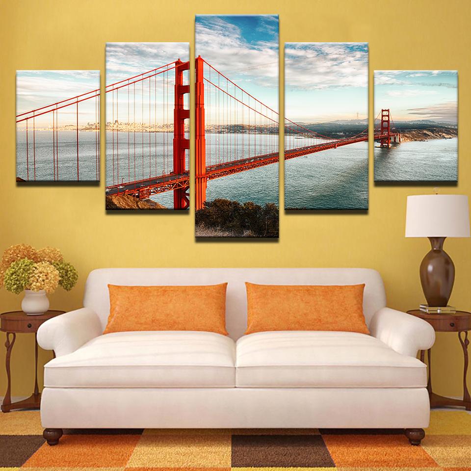 Golden Gate Bridge Landscape - Nature 5 Panel Canvas Art Wall Decor Golden Gate Bridge Landscape - Nature 5 Panel Canvas Art Wall Decor