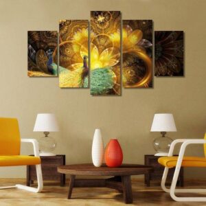 Golden Peacock - Abstract Animal 5 Panel Canvas Art Wall Decor