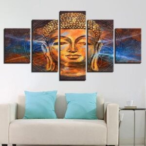 Golden Statue Of Buddha - Religion 5 Panel Canvas Art Wall Decor