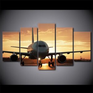 Golden Sunset Jet Airplane Aircraft - Airplane 5 Panel Canvas Art Wall Decor