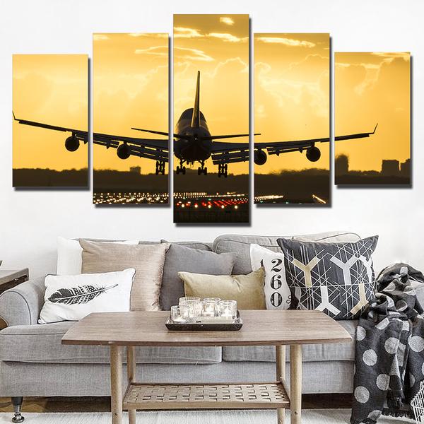 Golden Sunset Jet Airplane - Airplane 5 Panel Canvas Art Wall Decor Golden Sunset Jet Airplane - Airplane 5 Panel Canvas Art Wall Decor