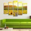 Golden Sunset Over A Sunflower Field - Nature 5 Panel Canvas Art Wall Decor