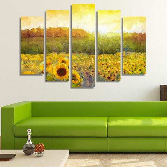 Golden Sunset Over A Sunflower Field - Nature 5 Panel Canvas Art Wall Decor Golden Sunset Over A Sunflower Field - Nature 5 Panel Canvas Art Wall Decor