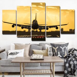 Golden Sunset Plane 2 - Aircraft 5 Panel Canvas Art Wall Decor