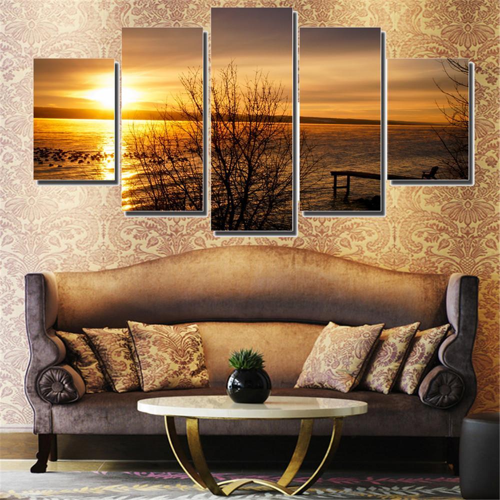 Golden Yellow Sunset - Nature 5 Panel Canvas Art Wall Decor Golden Yellow Sunset - Nature 5 Panel Canvas Art Wall Decor