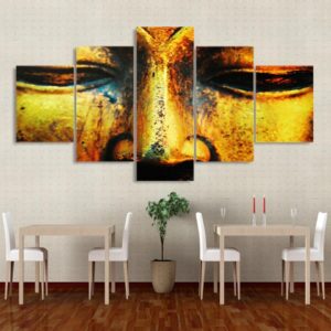 Golden buddha face 01 - Religion 5 Panel Canvas Art Wall Decor
