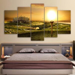 Golf Course City Tee Wall Art At Sunset - Nature 5 Panel Canvas Art Wall Decor