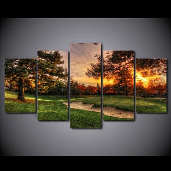 Golf Course Trees Sunset Natural Landscape - Nature 5 Panel Canvas Art Wall Decor Golf Course Trees Sunset Natural Landscape - Nature 5 Panel Canvas Art Wall Decor