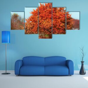 Gorgeous Tree With Red Autumn Foliage At Sky - Nature 5 Panel Canvas Art Wall Decor