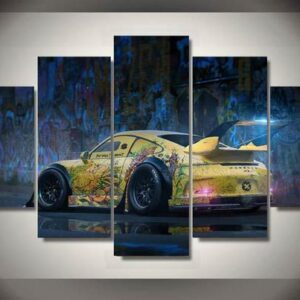 Graffiti Yellow Abstract Race Sports Car 01 - Automative 5 Panel Canvas Art Wall Decor