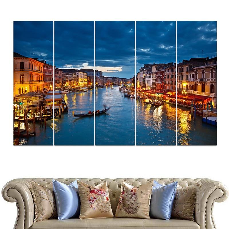 Grand Canal Ship Buildings Venice Night - Nature 5 Panel Canvas Art Wall Decor Grand Canal Ship Buildings Venice Night - Nature 5 Panel Canvas Art Wall Decor