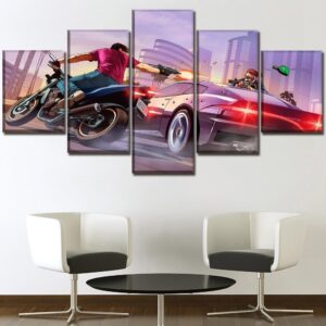 Grand Theft Auto V High Speed Battle - Gaming 5 Panel Canvas Art Wall Decor
