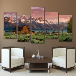 Grassland Log cabin iceberg - Nature 5 Panel Canvas Art Wall Decor